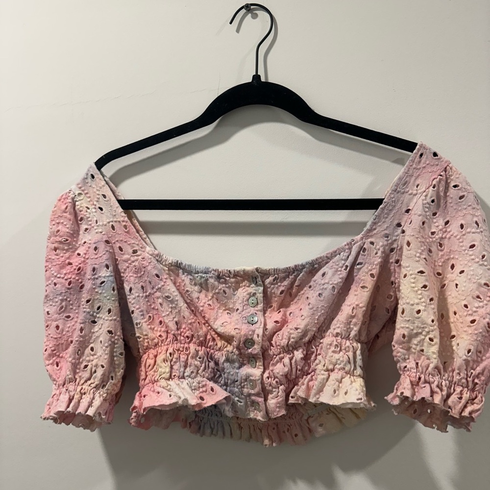 Urban Outfitters Pink and Yellow Eyelet Crop Top
